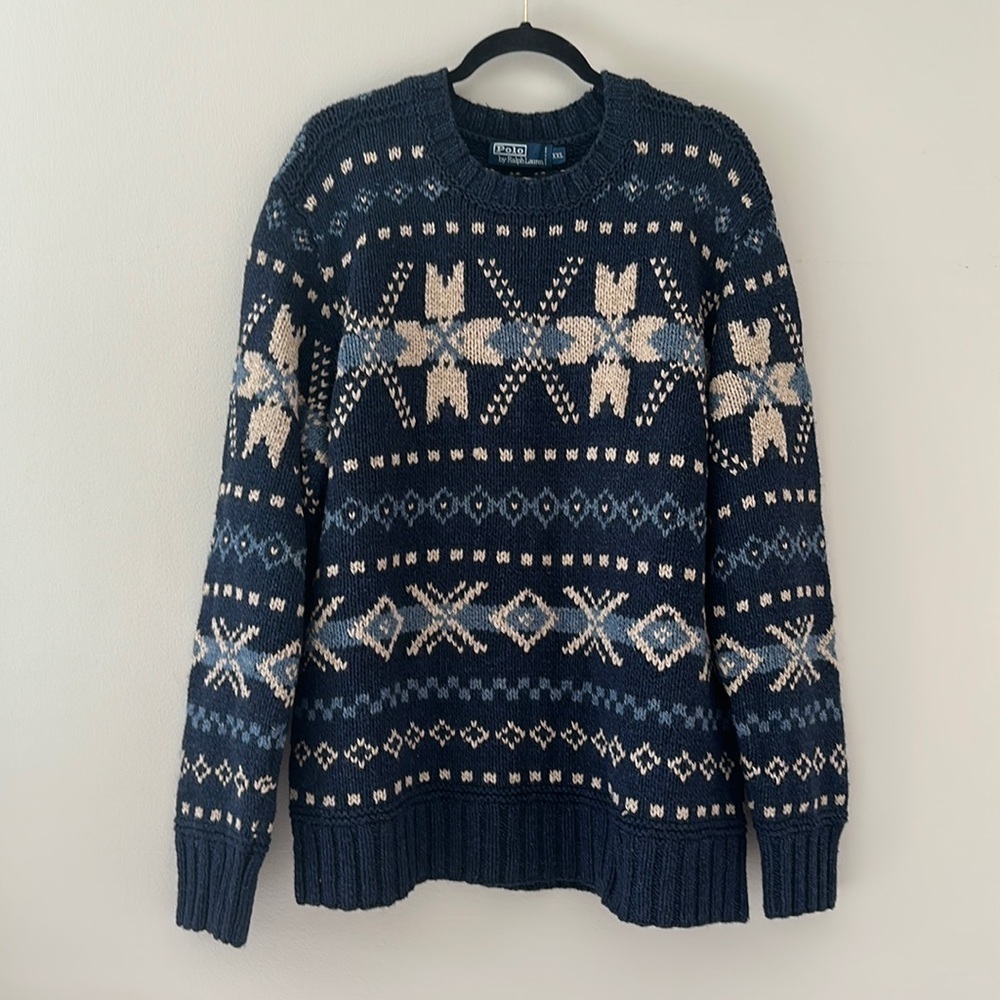 Polo Ralph Lauren Mens Fair Isle Sweater Blue & Cream XXL Hand Knit Preppy Warm